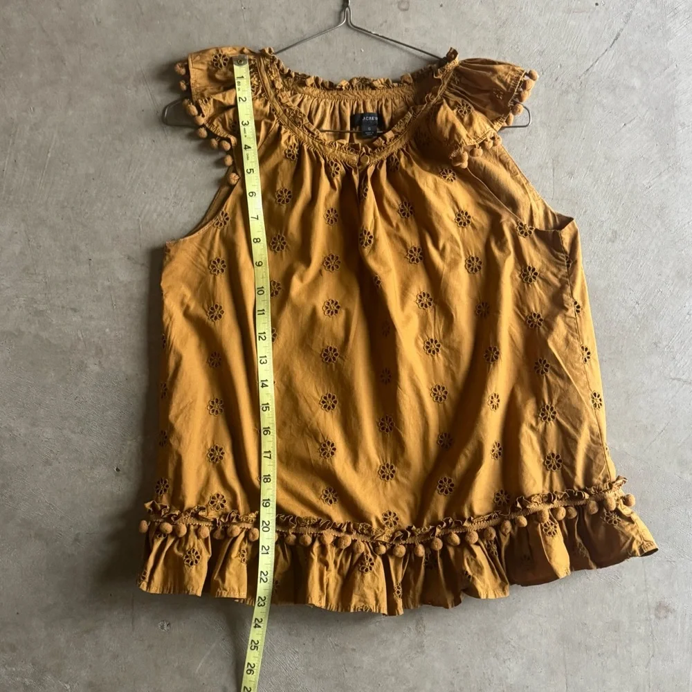 J Crew Mustard Yellow Sleeveless Eyelet Cotton Blouse with Floral Pattern (S)